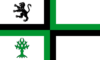 Describes the Bloxwich flag: a cross alternately black and green on a white field; a black rampant lion in the upper hoist canton, a green tree in the lower canton