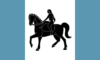 Coventry Flag: a naked woman on a horse, black on a white panel; light blue panels to left and right