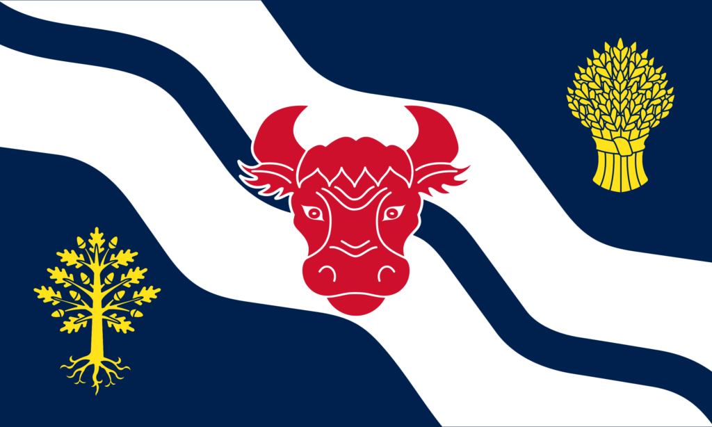 Describes the Oxfordshire Flag: a red ox head on two wavy white diagonal bars on a dark blue field; a wheatsheaf (upper right) and an oak tree (lower left), both yellow