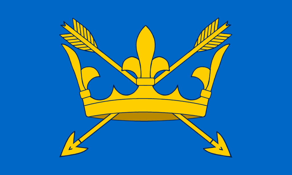 Describes the Suffolk flag: a pair of arrows, crossed in saltire, within a coronet, all in yellow on a sky blue field
